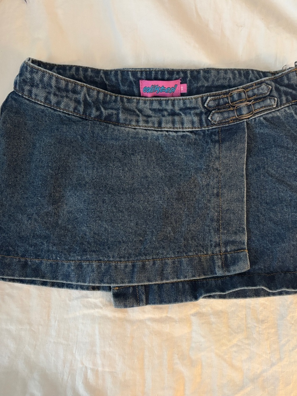 edikted BiDark Blue Denim Micro Mini Skirt with Double Buckles